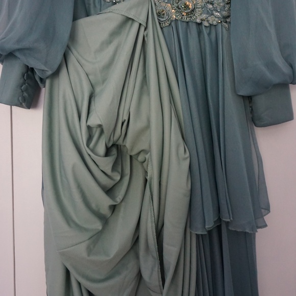Flowy Aqua Chiffon Long Sleeve Formal Dress with Embellished Waist - Picture 9 of 10
